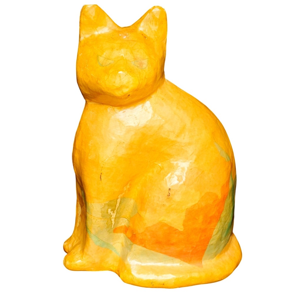 Thai Papier-Mâché Paper Mache Cat Figurine Sitting Yellow Decorative Vintage‎